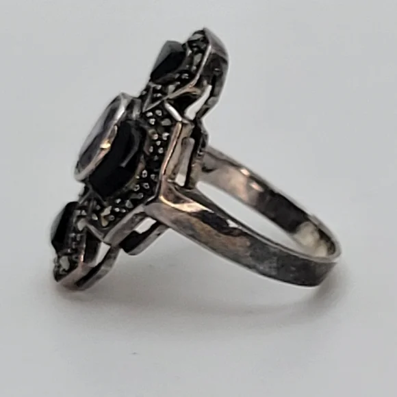 Sterling Silver Purple Glass Center Onyx Art Deco Style Ring Size 5 1/4 - Picture 5 of 13